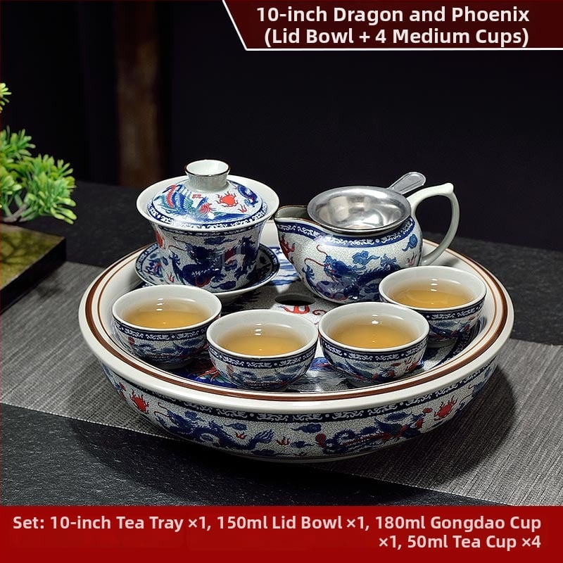 Set ceai Kung Fu cu tavă ceramică pentru ceai, cerc de 10 inch, nuanță celadon, pentru casă și birou