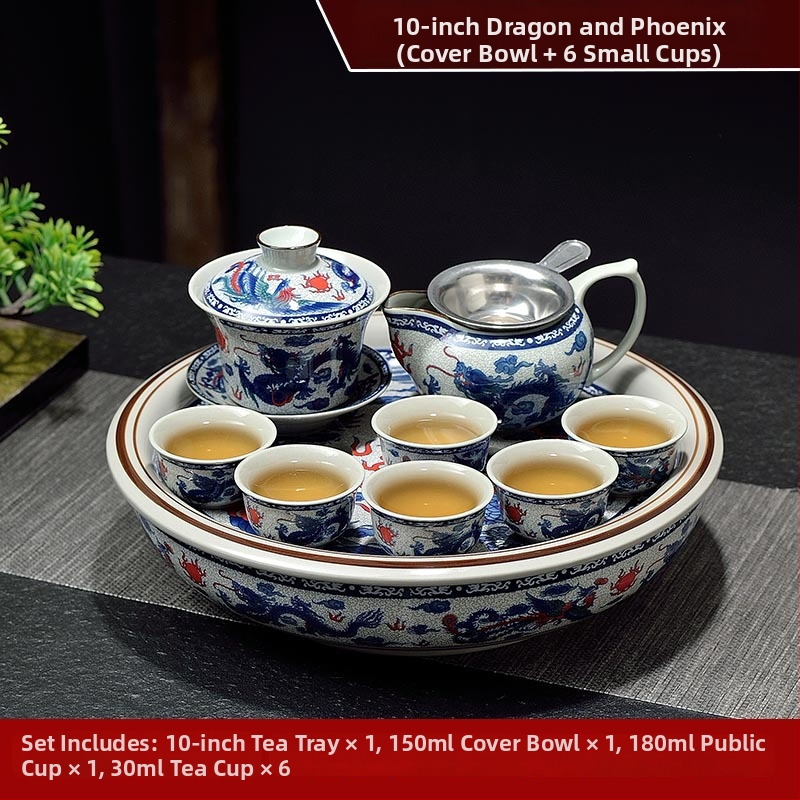 Set ceai Kung Fu cu tavă ceramică pentru ceai, cerc de 10 inch, nuanță celadon, pentru casă și birou