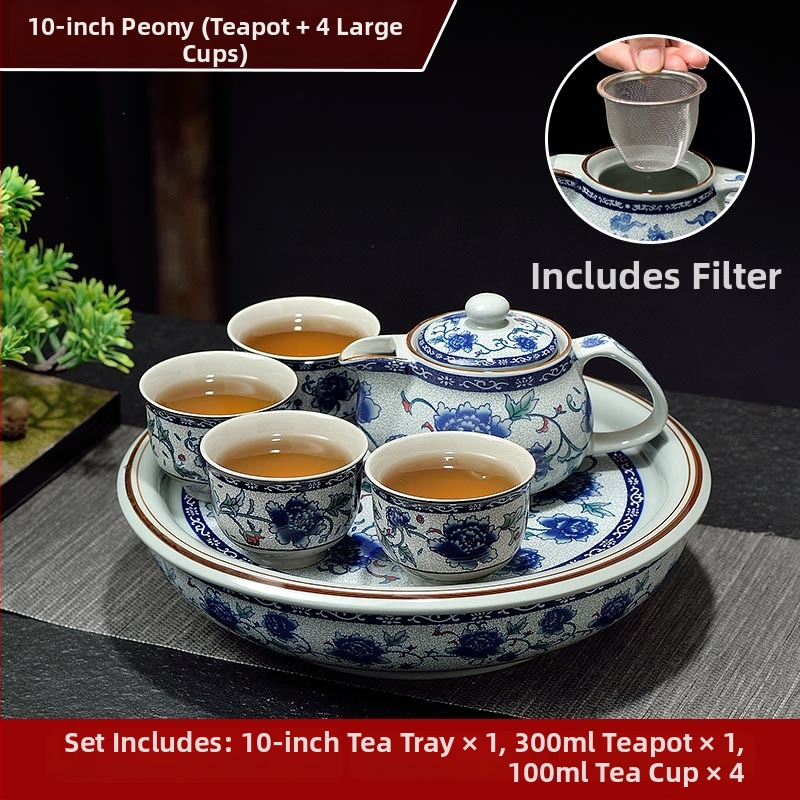 Set ceai Kung Fu cu tavă ceramică pentru ceai, cerc de 10 inch, nuanță celadon, pentru casă și birou