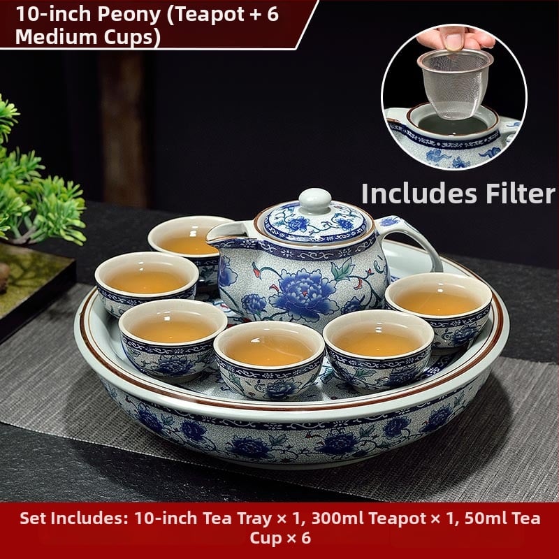 Set ceai Kung Fu cu tavă ceramică pentru ceai, cerc de 10 inch, nuanță celadon, pentru casă și birou