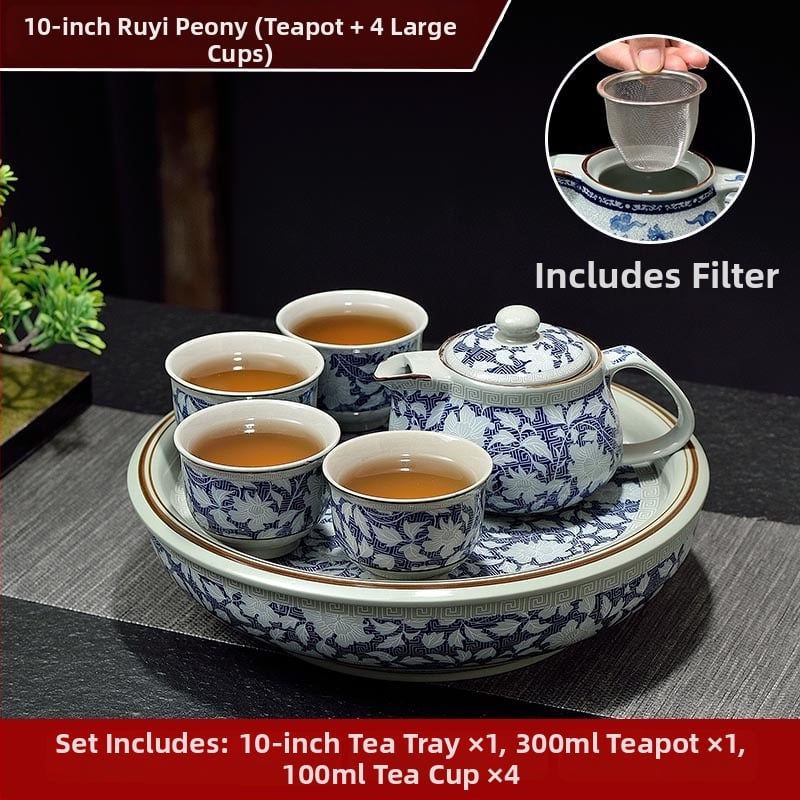 Set ceai Kung Fu cu tavă ceramică pentru ceai, cerc de 10 inch, nuanță celadon, pentru casă și birou