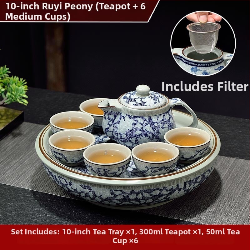 Set ceai Kung Fu cu tavă ceramică pentru ceai, cerc de 10 inch, nuanță celadon, pentru casă și birou