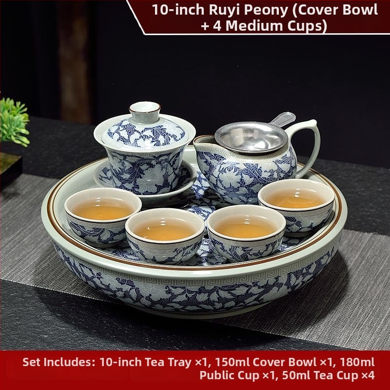Set ceai Kung Fu cu tavă ceramică pentru ceai, cerc de 10 inch, nuanță celadon, pentru casă și birou