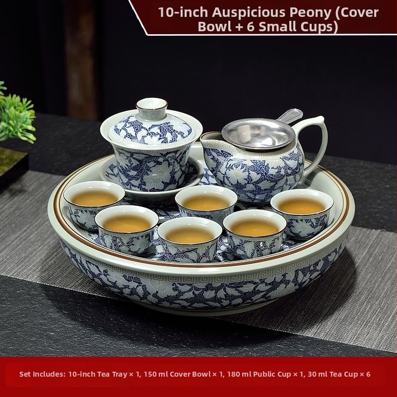 Set ceai Kung Fu cu tavă ceramică pentru ceai, cerc de 10 inch, nuanță celadon, pentru casă și birou