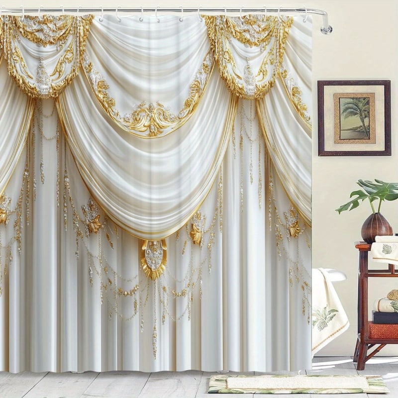 Perdea de duș cu model decorativ rafinat, 12 cârlige, potrivită pentru baie, cameră sau hotel, lavabilă la mașină.