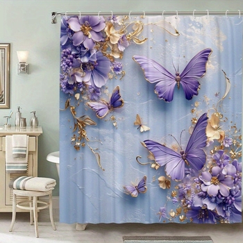 Cortină de duș impermeabilă cu imprimeu fluture, 12 cârlige, poliester