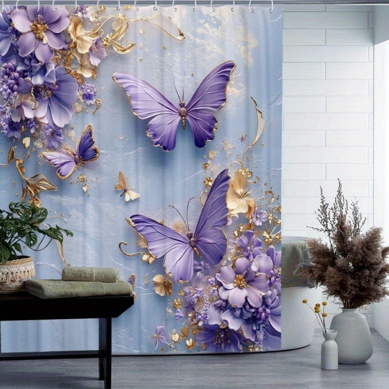 Cortină de duș impermeabilă cu imprimeu fluture, 12 cârlige, poliester