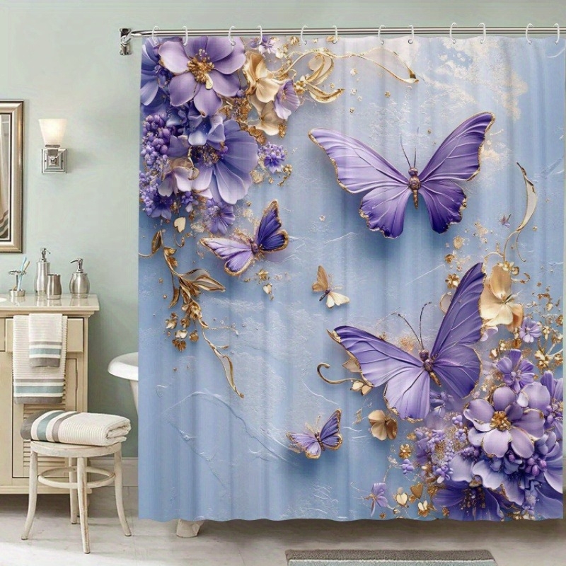 Cortină de duș impermeabilă cu imprimeu fluture, 12 cârlige, poliester