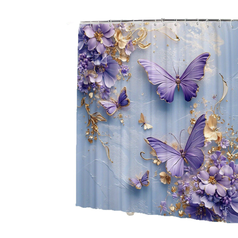 Cortină de duș impermeabilă cu imprimeu fluture, 12 cârlige, poliester