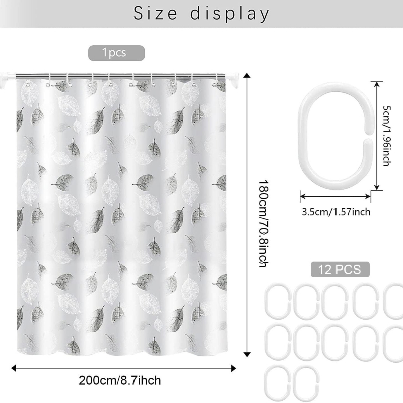 Cortină de duș PEVA imprimată, material ecologic, grosime 0,08 mm, fără găuri, model frunze