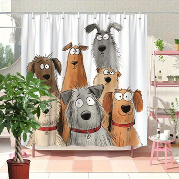 Cortină de duș cu câine desen animat jucăuș, poliester, decor baie