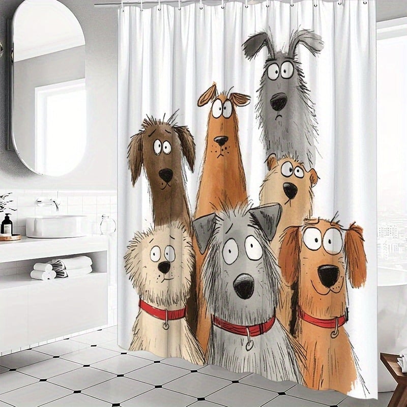 Cortină de duș cu câine desen animat jucăuș, poliester, decor baie