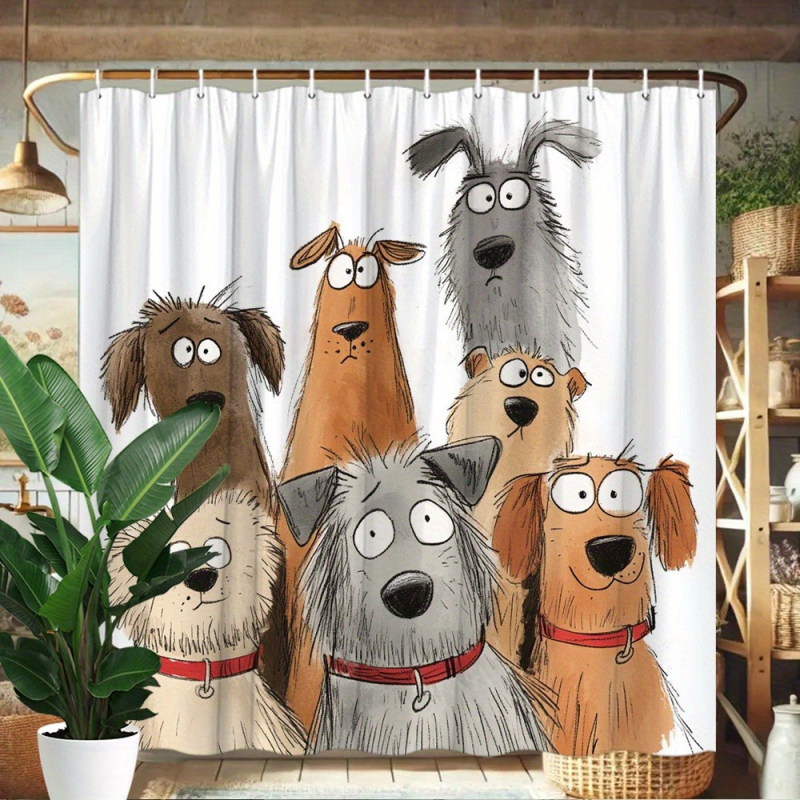 Cortină de duș cu câine desen animat jucăuș, poliester, decor baie