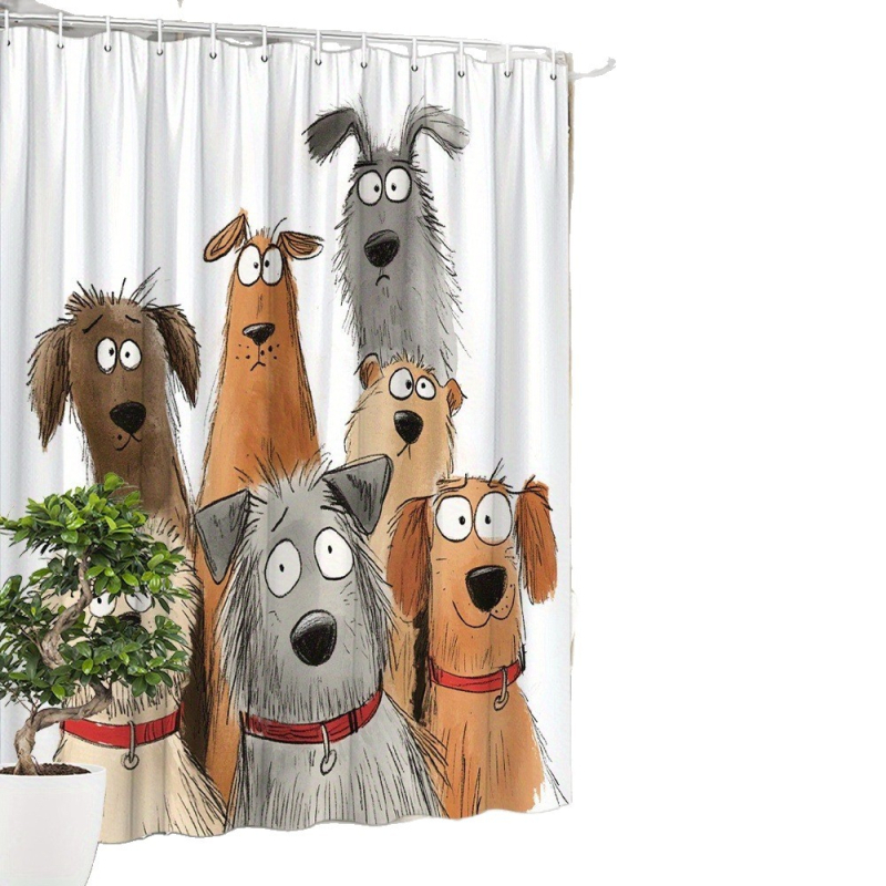 Cortină de duș cu câine desen animat jucăuș, poliester, decor baie