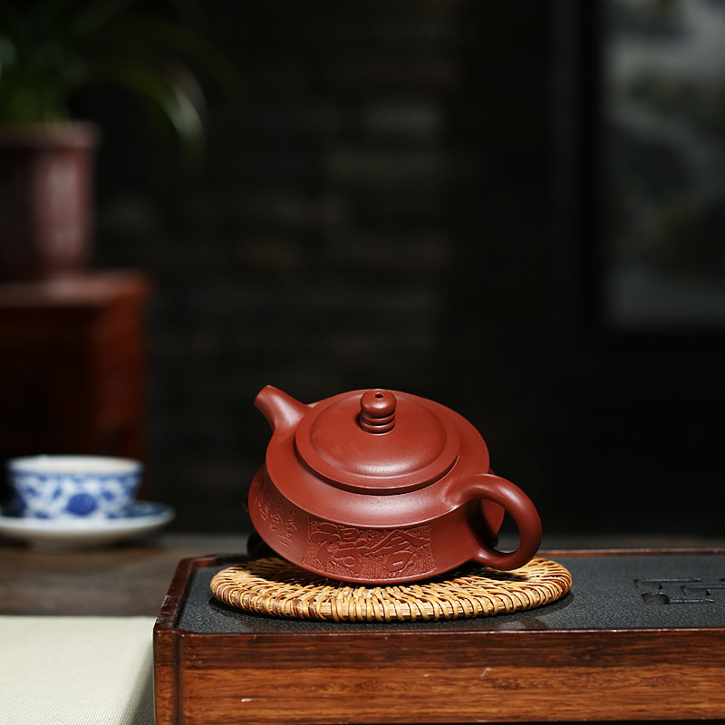 Ceainic Yixing din lut purpuriu, pictură manuală, motiv Dahongpao, cutie cadou
