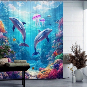 Cortină de duș din țesătură nețesută, impermeabilă, cu model de delfin, temă artistică; include 12 cârlige, lavabilă la mașină.
