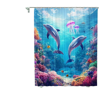 Cortină de duș din țesătură nețesută, impermeabilă, cu model de delfin, temă artistică; include 12 cârlige, lavabilă la mașină.