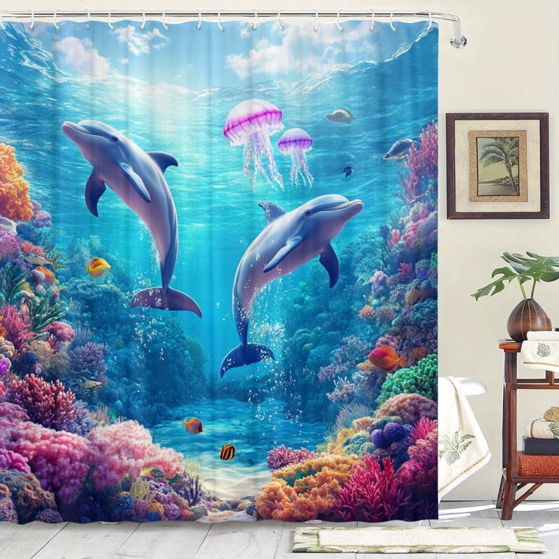 Cortină de duș din țesătură nețesută, impermeabilă, cu model de delfin, temă artistică; include 12 cârlige, lavabilă la mașină.