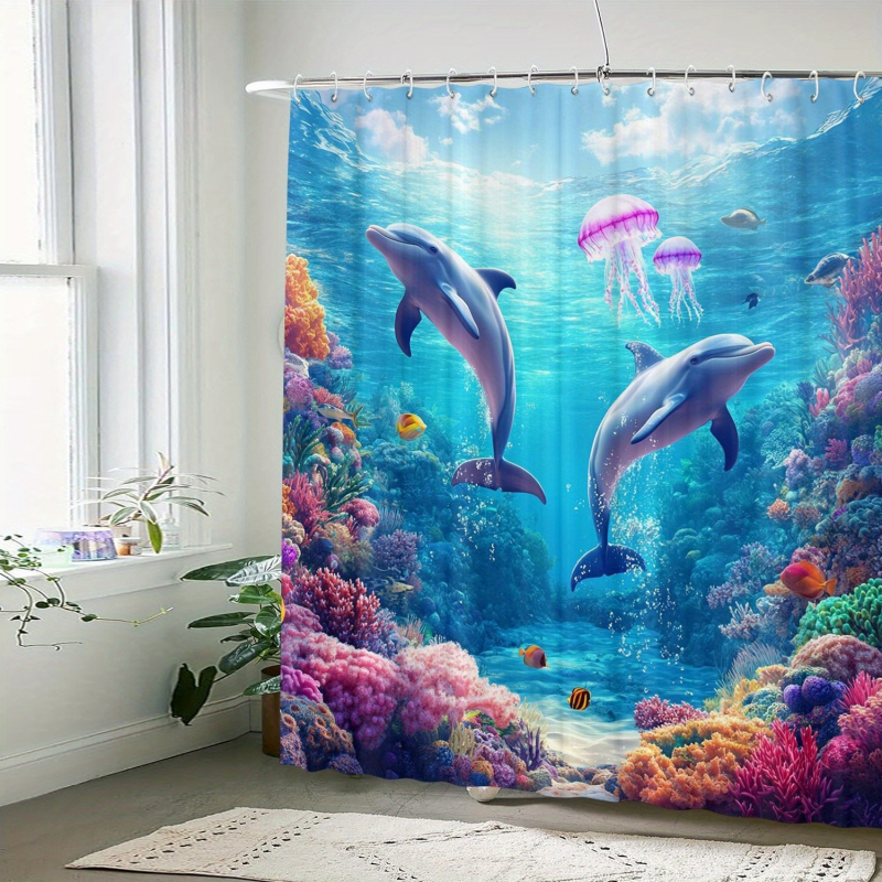 Cortină de duș din țesătură nețesută, impermeabilă, cu model de delfin, temă artistică; include 12 cârlige, lavabilă la mașină.