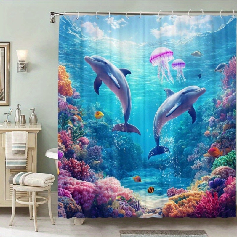 Cortină de duș din țesătură nețesută, impermeabilă, cu model de delfin, temă artistică; include 12 cârlige, lavabilă la mașină.