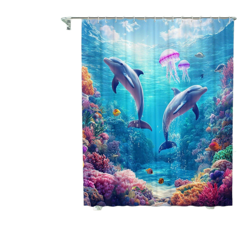 Cortină de duș din țesătură nețesută, impermeabilă, cu model de delfin, temă artistică; include 12 cârlige, lavabilă la mașină.