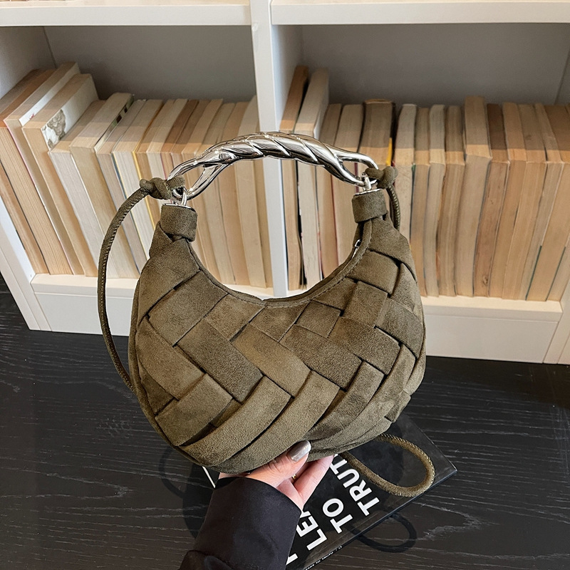 Pletena ramena torba od nubuk velura, elegantna crossbody torba s dizajnom u obliku polumjeseca, pogodna za svakodnevnu uporabu