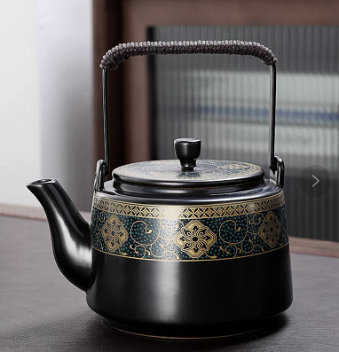Set de ceai cu ceainic mare din porțelan și cești, stil chinezesc, pentru casă și birou; include tavă de ceai din melamină/lemn, servește 6 persoane
