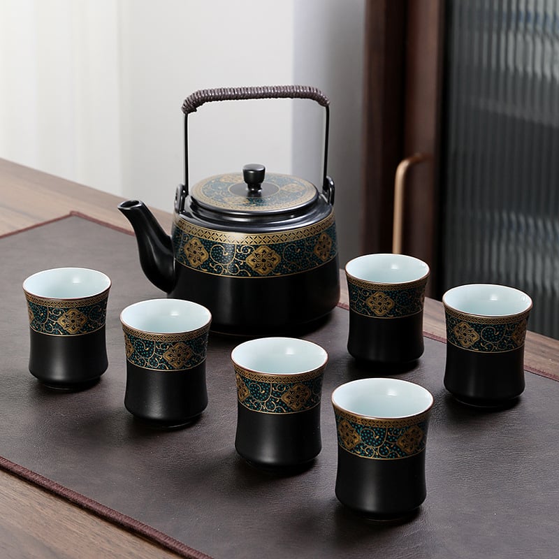 Set de ceai cu ceainic mare din porțelan și cești, stil chinezesc, pentru casă și birou; include tavă de ceai din melamină/lemn, servește 6 persoane