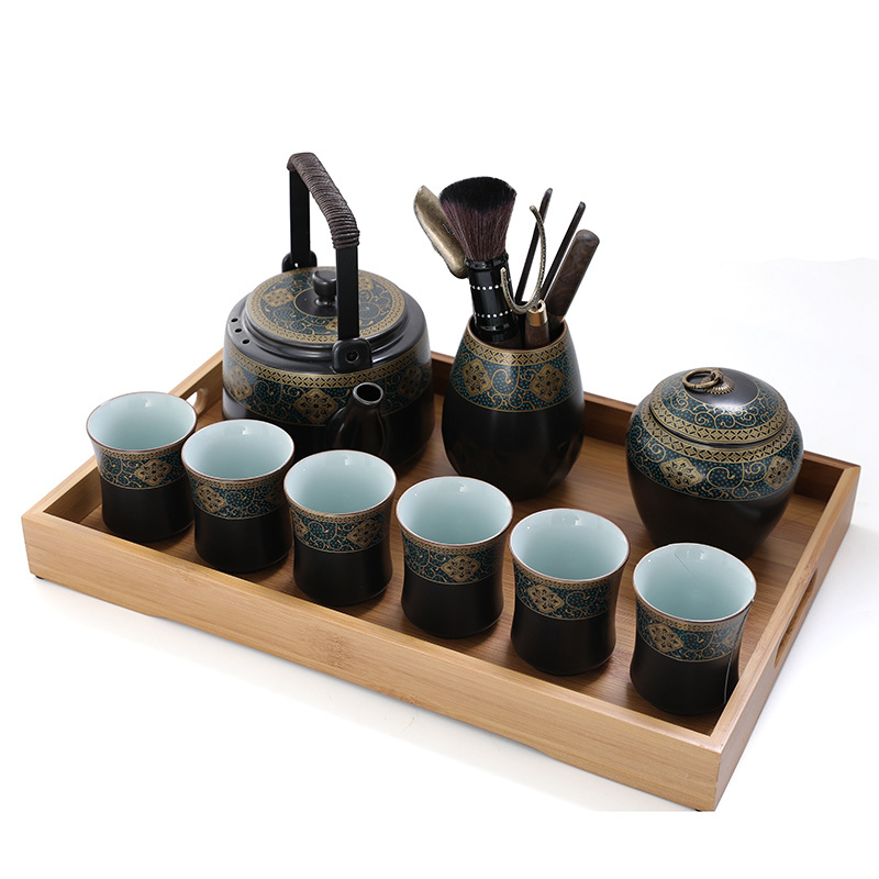 Set de ceai cu ceainic mare din porțelan și cești, stil chinezesc, pentru casă și birou; include tavă de ceai din melamină/lemn, servește 6 persoane