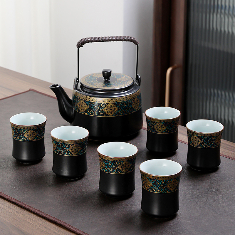 Set de ceai cu ceainic mare din porțelan și cești, stil chinezesc, pentru casă și birou; include tavă de ceai din melamină/lemn, servește 6 persoane