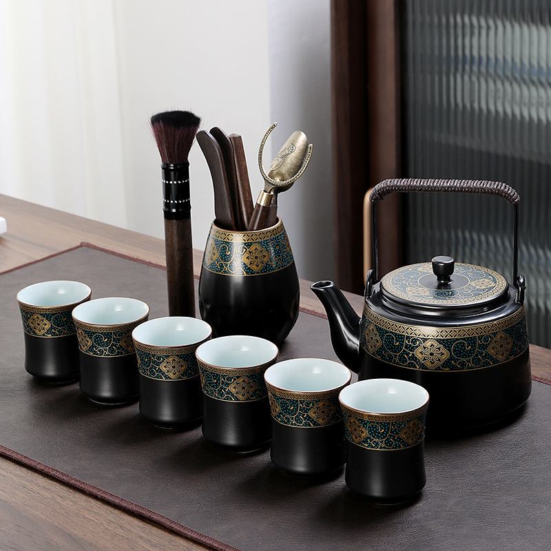 Set de ceai cu ceainic mare din porțelan și cești, stil chinezesc, pentru casă și birou; include tavă de ceai din melamină/lemn, servește 6 persoane