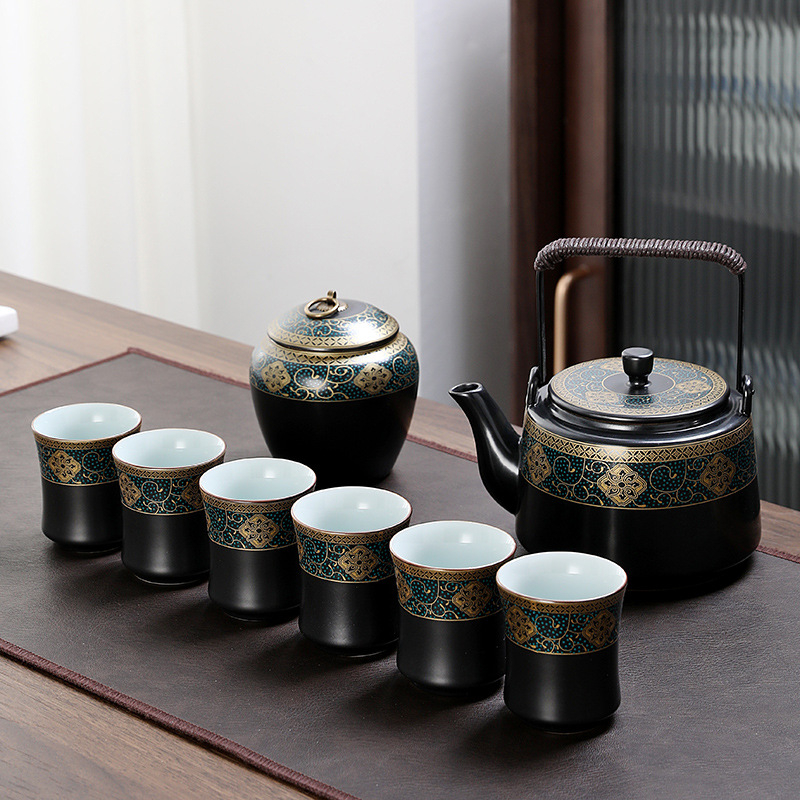 Set de ceai cu ceainic mare din porțelan și cești, stil chinezesc, pentru casă și birou; include tavă de ceai din melamină/lemn, servește 6 persoane