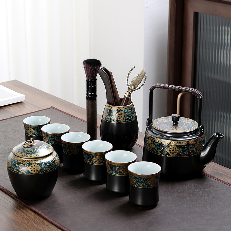 Set de ceai cu ceainic mare din porțelan și cești, stil chinezesc, pentru casă și birou; include tavă de ceai din melamină/lemn, servește 6 persoane