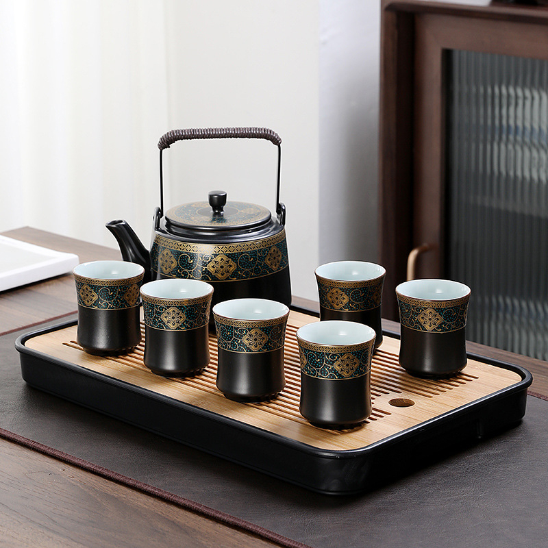 Set de ceai cu ceainic mare din porțelan și cești, stil chinezesc, pentru casă și birou; include tavă de ceai din melamină/lemn, servește 6 persoane