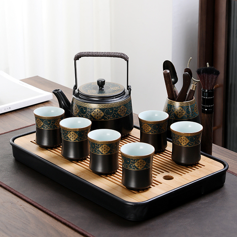 Set de ceai cu ceainic mare din porțelan și cești, stil chinezesc, pentru casă și birou; include tavă de ceai din melamină/lemn, servește 6 persoane