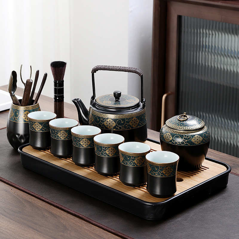 Set de ceai cu ceainic mare din porțelan și cești, stil chinezesc, pentru casă și birou; include tavă de ceai din melamină/lemn, servește 6 persoane