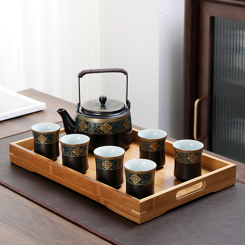 Set de ceai cu ceainic mare din porțelan și cești, stil chinezesc, pentru casă și birou; include tavă de ceai din melamină/lemn, servește 6 persoane