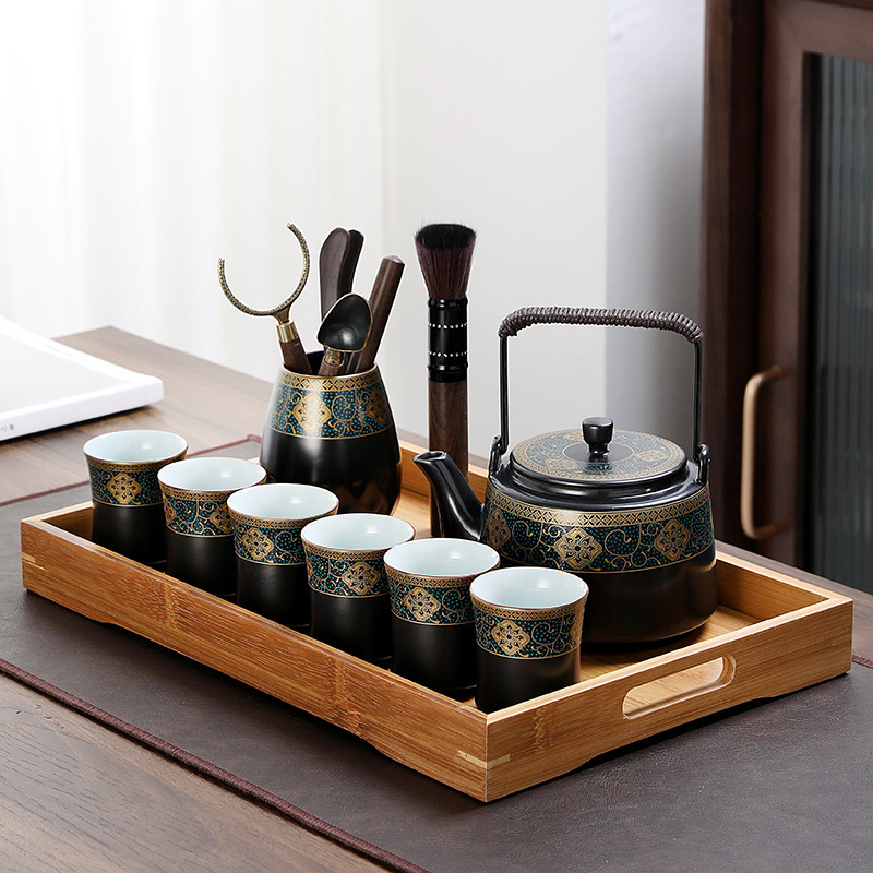 Set de ceai cu ceainic mare din porțelan și cești, stil chinezesc, pentru casă și birou; include tavă de ceai din melamină/lemn, servește 6 persoane