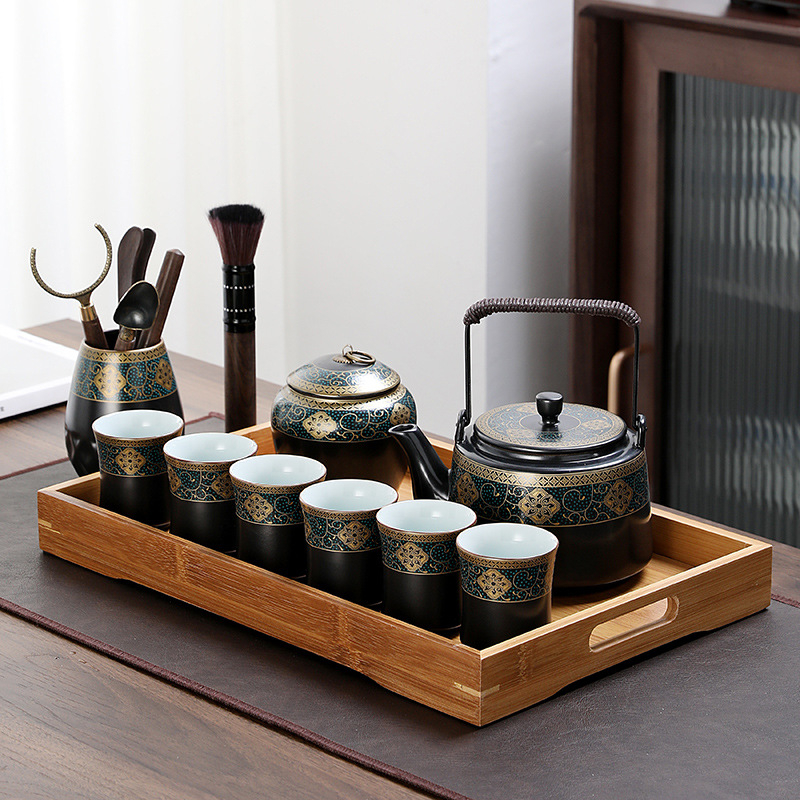 Set de ceai cu ceainic mare din porțelan și cești, stil chinezesc, pentru casă și birou; include tavă de ceai din melamină/lemn, servește 6 persoane