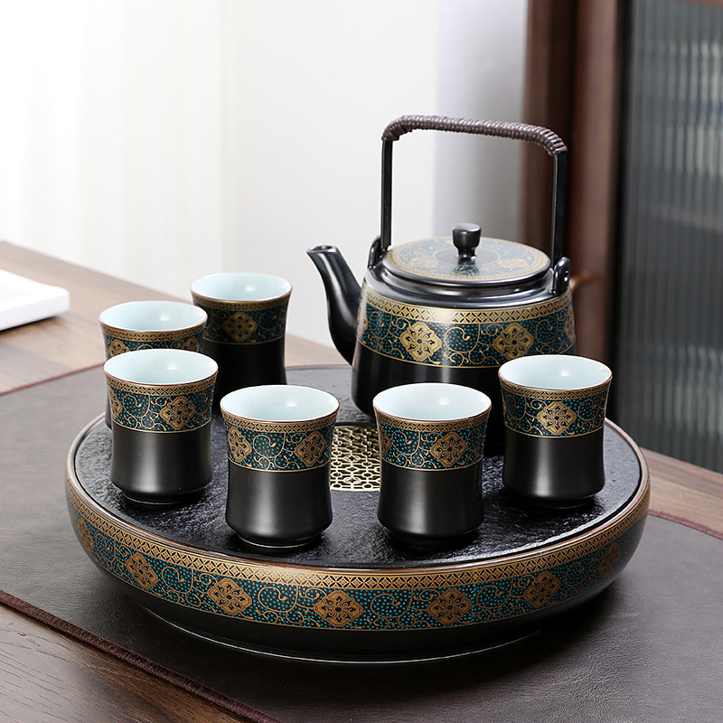 Set de ceai cu ceainic mare din porțelan și cești, stil chinezesc, pentru casă și birou; include tavă de ceai din melamină/lemn, servește 6 persoane