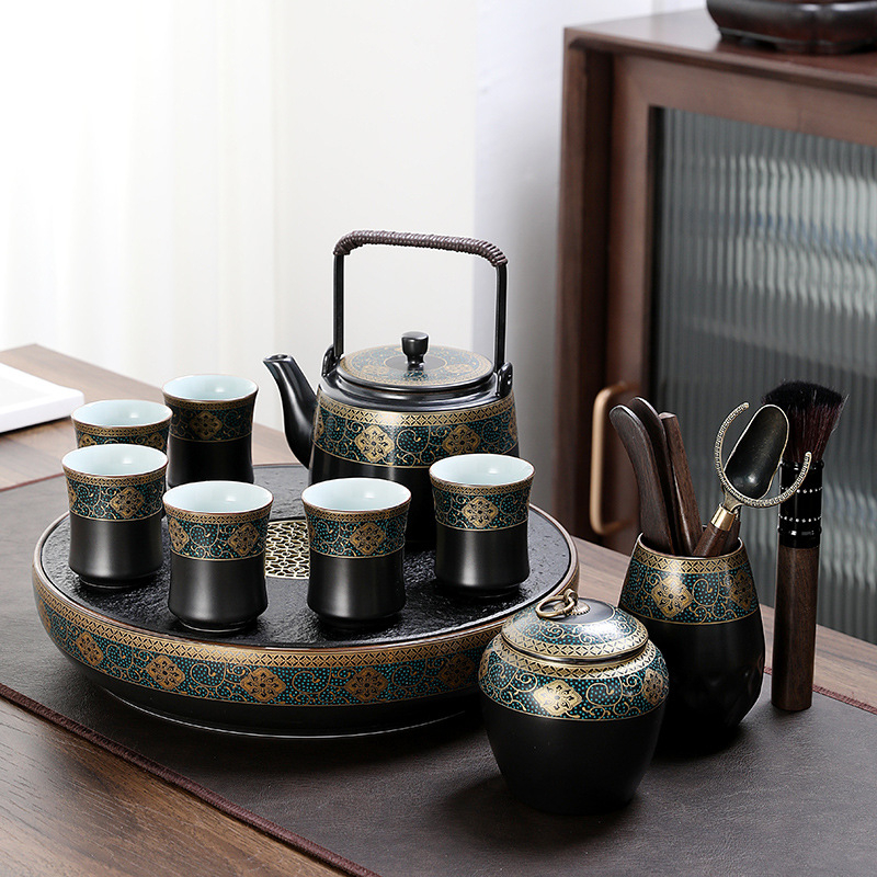 Set de ceai cu ceainic mare din porțelan și cești, stil chinezesc, pentru casă și birou; include tavă de ceai din melamină/lemn, servește 6 persoane