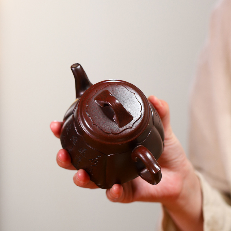 Ceainic Yixing din lut purpuriu, lucrat manual, design pătrat cu lotus, set Gongfu pentru uz casnic