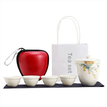 Set Gongfu de ceai pentru călătorii, porțelan alb, 1 ceainic și 4 cești, husă de transport portabil pentru exterior