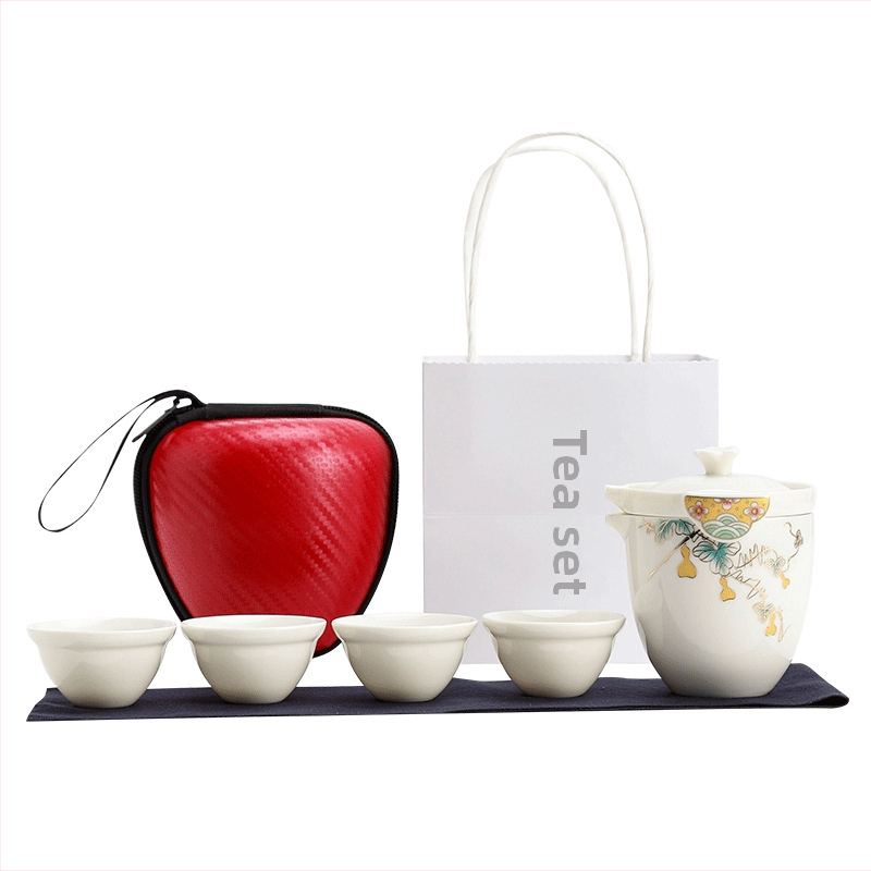 Set Gongfu de ceai pentru călătorii, porțelan alb, 1 ceainic și 4 cești, husă de transport portabil pentru exterior