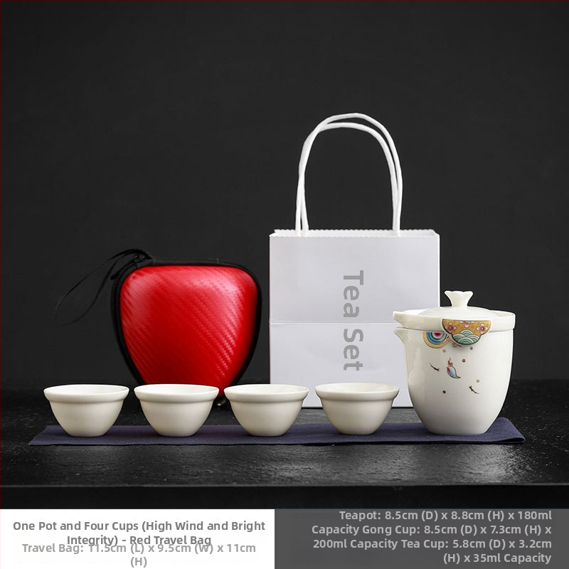 Set Gongfu de ceai pentru călătorii, porțelan alb, 1 ceainic și 4 cești, husă de transport portabil pentru exterior