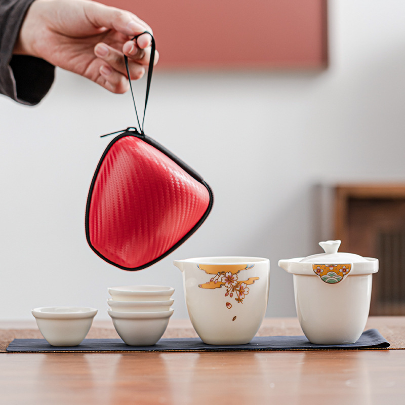 Set Gongfu de ceai pentru călătorii, porțelan alb, 1 ceainic și 4 cești, husă de transport portabil pentru exterior