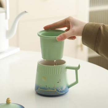 Kerámia teás pohár tea–víz elválasztóval és tartóval, irodai bögré, kulturális ajándék személyre szabott logóval, inspirálva a Tiltott Város és a Mennyei Templom