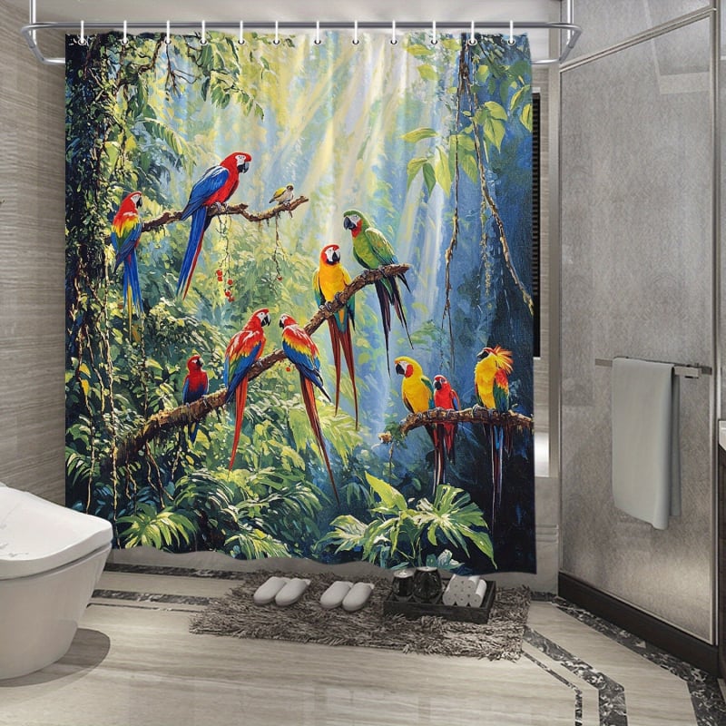 Cortină de duș tropicală cu papagal macaw, material poliester