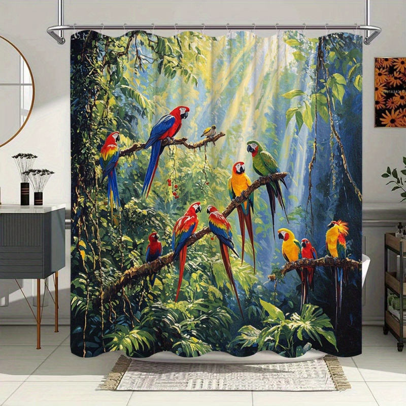 Cortină de duș tropicală cu papagal macaw, material poliester