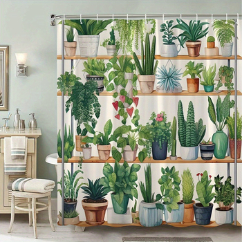 Perdea de duș pentru plante de interior cu design realist de suculente și plante verzi, 12 cârlige, lavabilă la mașină
